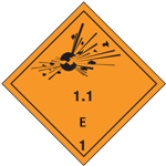 Fareseddel 1.1E Explosive anvendes ved transport af eksplosionsfarligt gods.